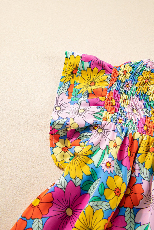 Floral Smocked Notch V Neck Flutter Sleeve Mini Dress