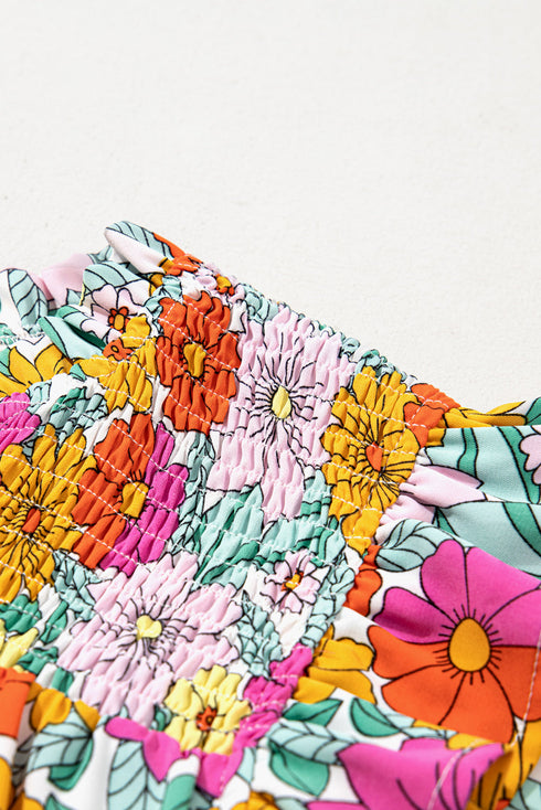 Floral Smocked Notch V Neck Flutter Sleeve Mini Dress