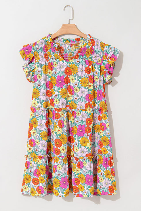 Floral Smocked Notch V Neck Flutter Sleeve Mini Dress