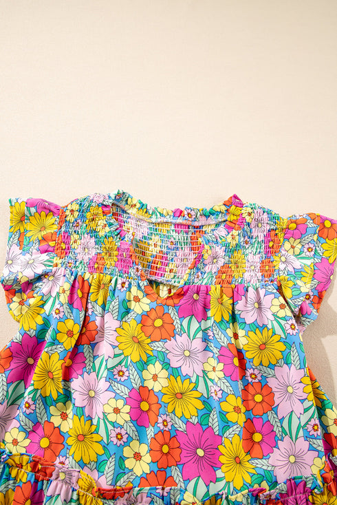 Floral Smocked Notch V Neck Flutter Sleeve Mini Dress