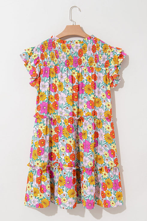 Floral Smocked Notch V Neck Flutter Sleeve Mini Dress