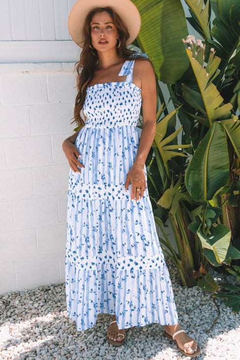 Floral Smocked Tied Straps A Line Maxi Dress