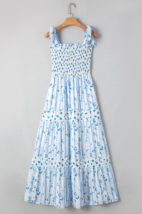 Floral Smocked Tied Straps A Line Maxi Dress