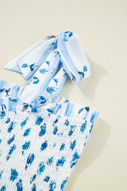 Floral Smocked Tied Straps A Line Maxi Dress