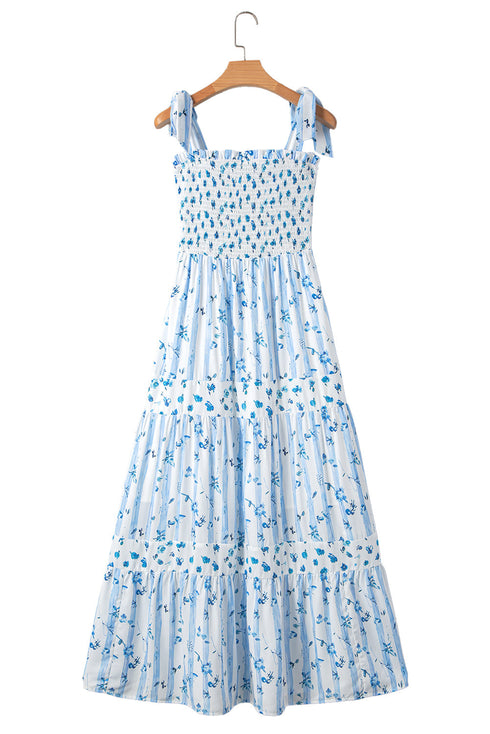 Floral Smocked Tied Straps A Line Maxi Dress