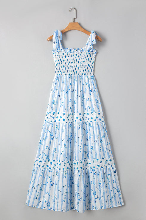 Floral Smocked Tied Straps A Line Maxi Dress