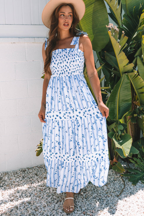 Floral Smocked Tied Straps A Line Maxi Dress