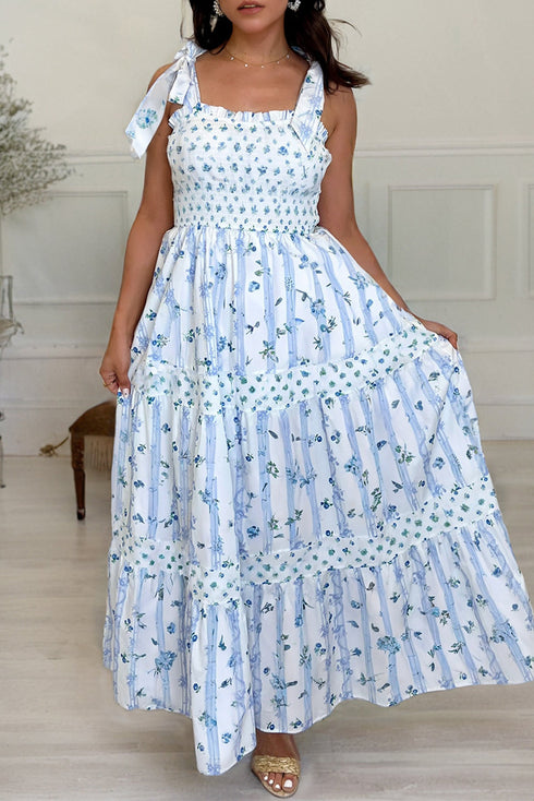 Floral Smocked Tied Straps A Line Maxi Dress
