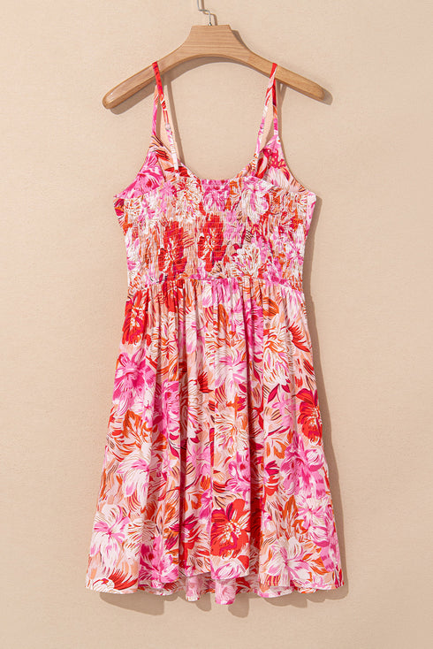 Floral Spaghetti Strap Surplice Neck Shirred Waist Mini Dress