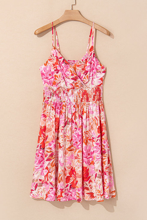 Floral Spaghetti Strap Surplice Neck Shirred Waist Mini Dress