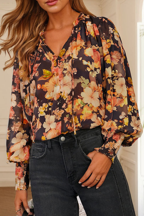 Floral Split Neck Smocked Cuff Puff Sleeve Blouse