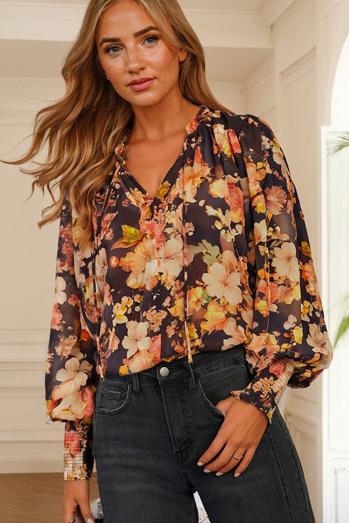 Floral Split Neck Smocked Cuff Puff Sleeve Blouse