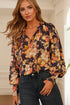 Floral Split Neck Smocked Cuff Puff Sleeve Blouse
