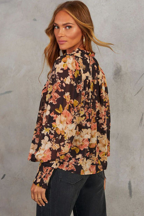 Floral Split Neck Smocked Cuff Puff Sleeve Blouse