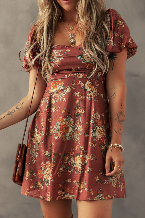 Floral Square Neck Puff Sleeve Open Back Mini Dress