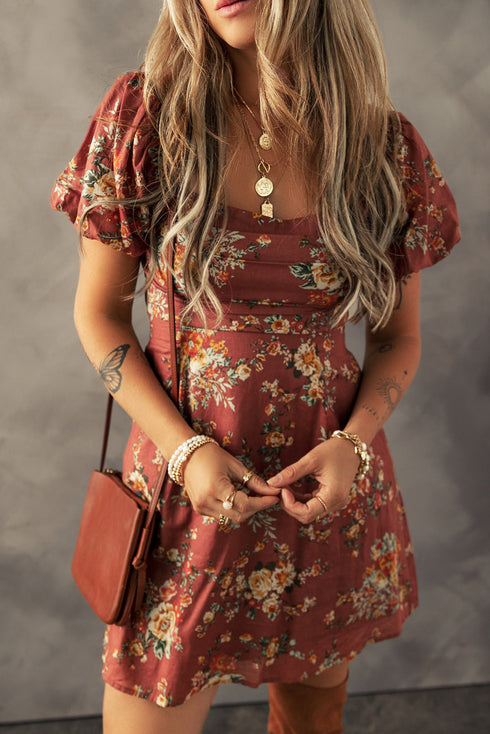 Floral Square Neck Puff Sleeve Open Back Mini Dress