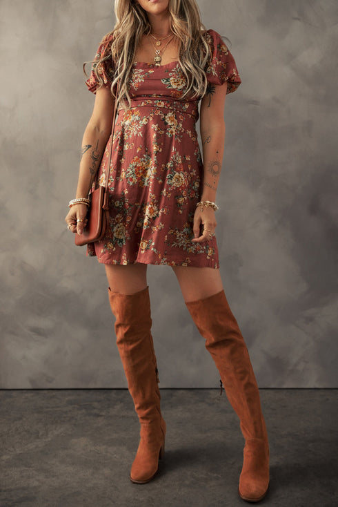 Floral Square Neck Puff Sleeve Open Back Mini Dress