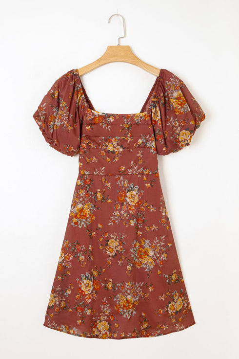 Floral Square Neck Puff Sleeve Open Back Mini Dress