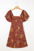 Floral Square Neck Puff Sleeve Open Back Mini Dress