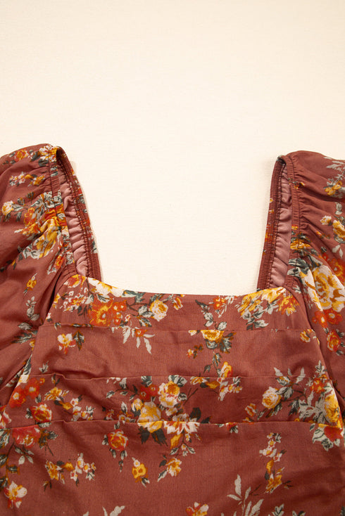 Floral Square Neck Puff Sleeve Open Back Mini Dress