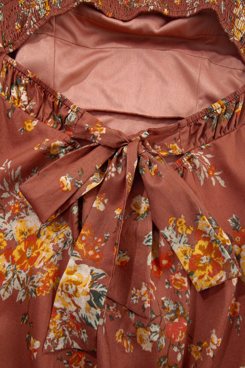 Floral Square Neck Puff Sleeve Open Back Mini Dress