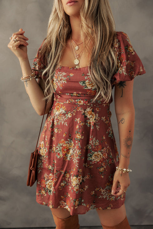 Floral Square Neck Puff Sleeve Open Back Mini Dress