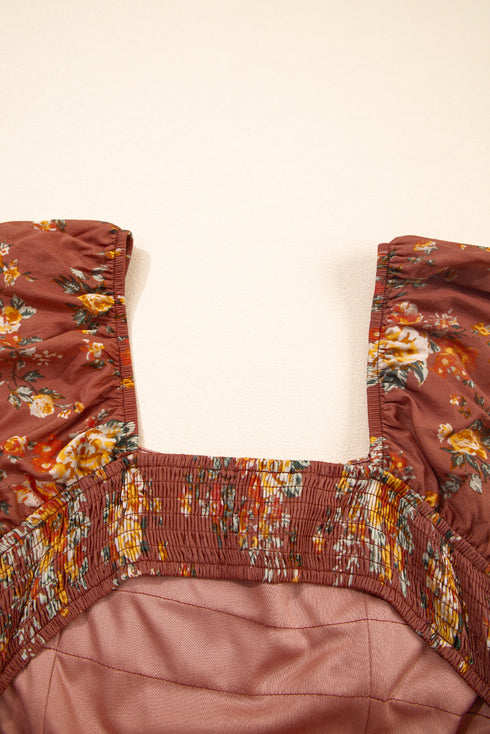 Floral Square Neck Puff Sleeve Open Back Mini Dress