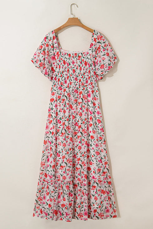 Floral Square Neck Puff Sleeve Ruffle Maxi Dress