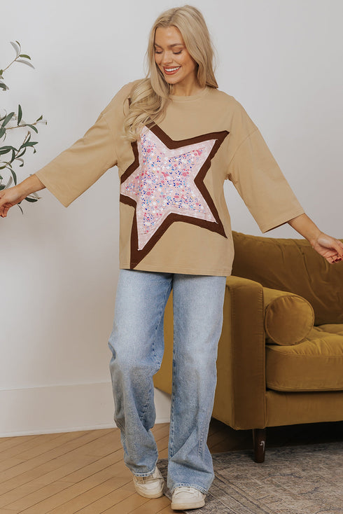 Floral Star Patchwork Cotton Blend Three Quarter Sleeve Top