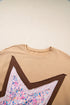 Floral Star Patchwork Cotton Blend Three Quarter Sleeve Top