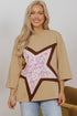 Floral Star Patchwork Cotton Blend Three Quarter Sleeve Top