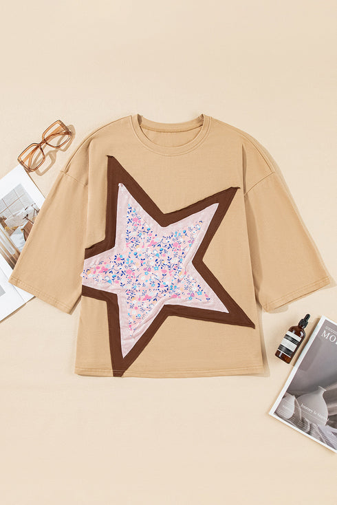 Floral Star Patchwork Cotton Blend Three Quarter Sleeve Top