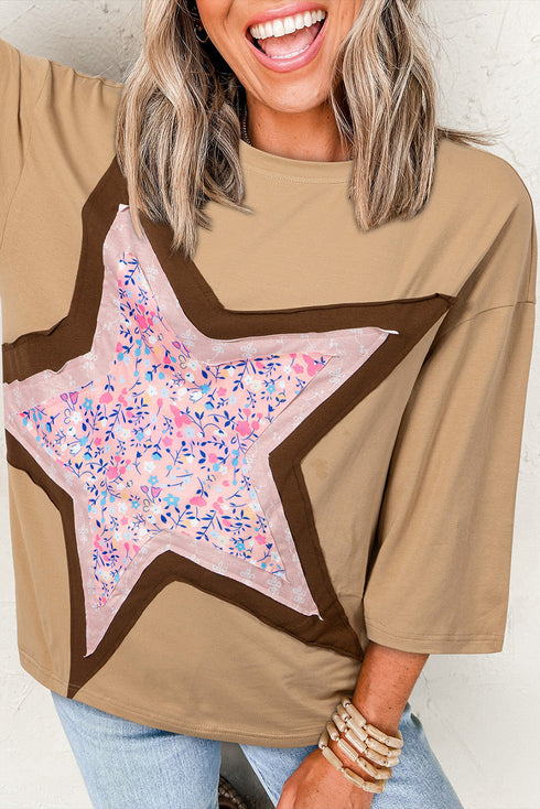 Floral Star Patchwork Cotton Blend Three Quarter Sleeve Top