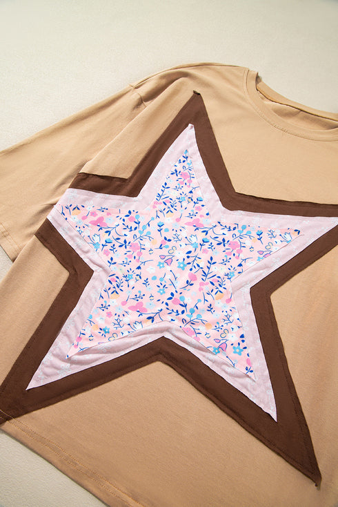 Floral Star Patchwork Cotton Blend Three Quarter Sleeve Top