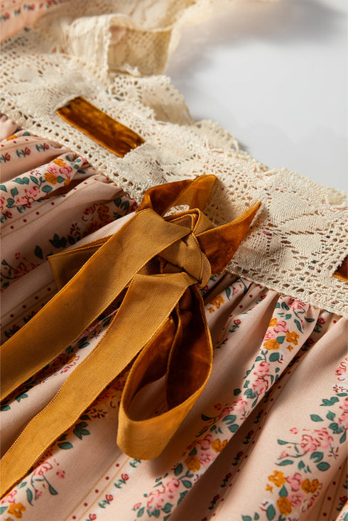 Floral Stripe Lace Trim Velvet Bow Mini Dress