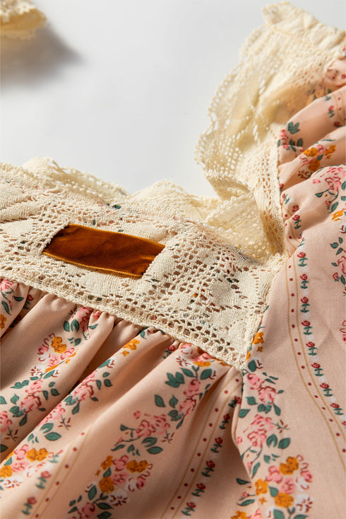 Floral Stripe Lace Trim Velvet Bow Mini Dress