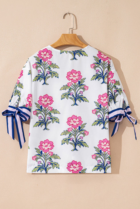 Floral Stripe Mixed Print Knot Front V Neck Blouse