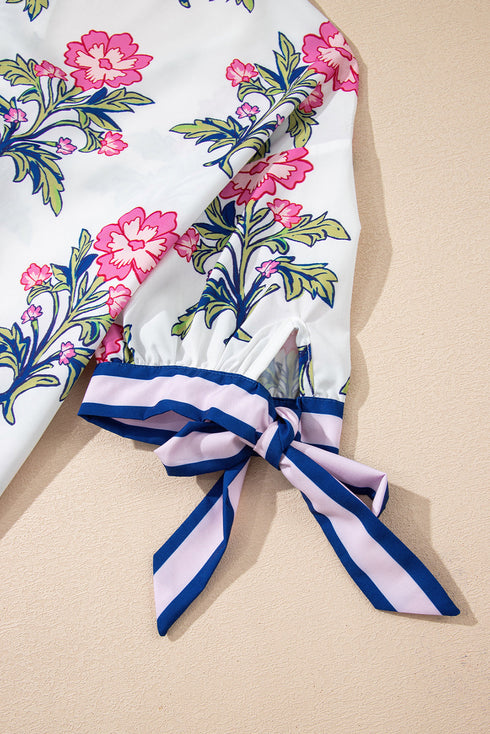 Floral Stripe Mixed Print Knot Front V Neck Blouse