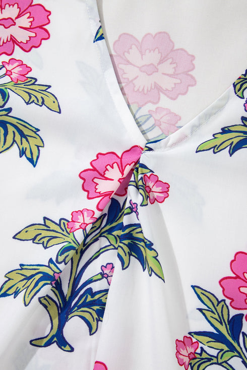 Floral Stripe Mixed Print Knot Front V Neck Blouse