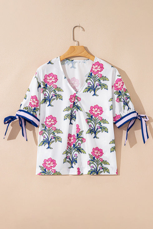Floral Stripe Mixed Print Knot Front V Neck Blouse