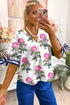 Floral Stripe Mixed Print Knot Front V Neck Blouse