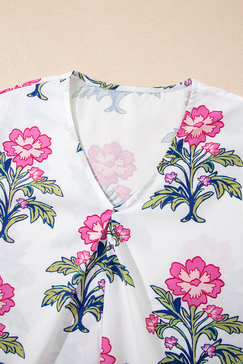Floral Stripe Mixed Print Knot Front V Neck Blouse