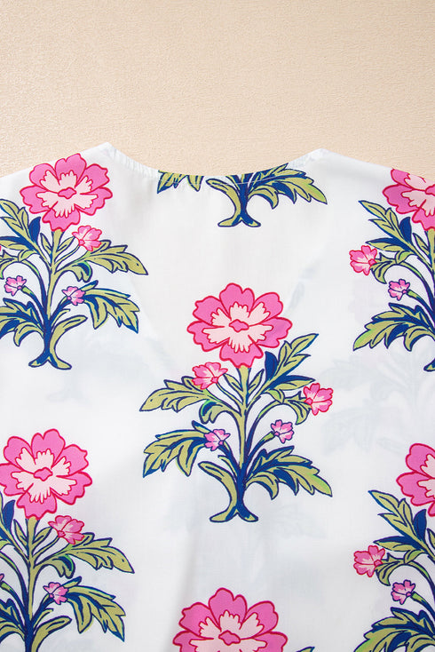 Floral Stripe Mixed Print Knot Front V Neck Blouse