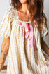 Floral Stripe Patchwork Square Neck Lace Trim Bow Dress