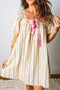 Floral Stripe Patchwork Square Neck Lace Trim Bow Dress