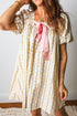 Floral Stripe Patchwork Square Neck Lace Trim Bow Dress