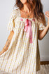 Floral Stripe Patchwork Square Neck Lace Trim Bow Dress