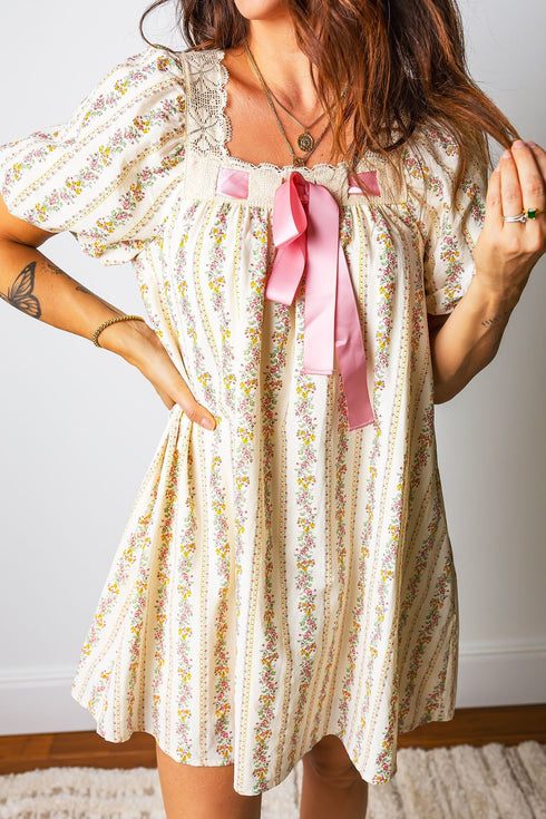 Floral Stripe Patchwork Square Neck Lace Trim Bow Dress
