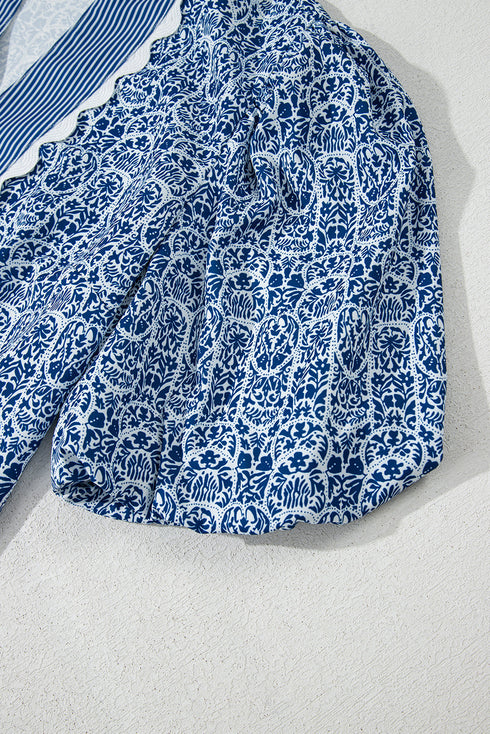 Floral Stripe Print Ric Rac Trim Puff Sleeve Blouse
