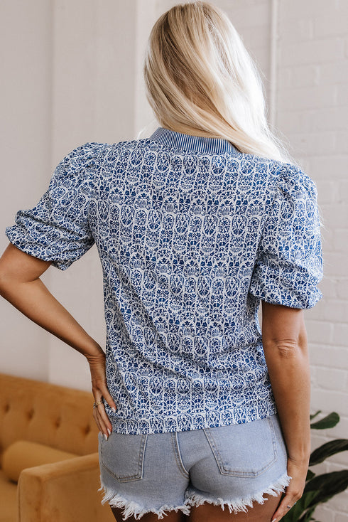 Floral Stripe Print Ric Rac Trim Puff Sleeve Blouse